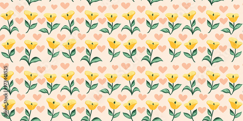 fun-loving, seamless pattern of bright yellow calalilies with mint green leaves on a blush pink heart-patterned background photo