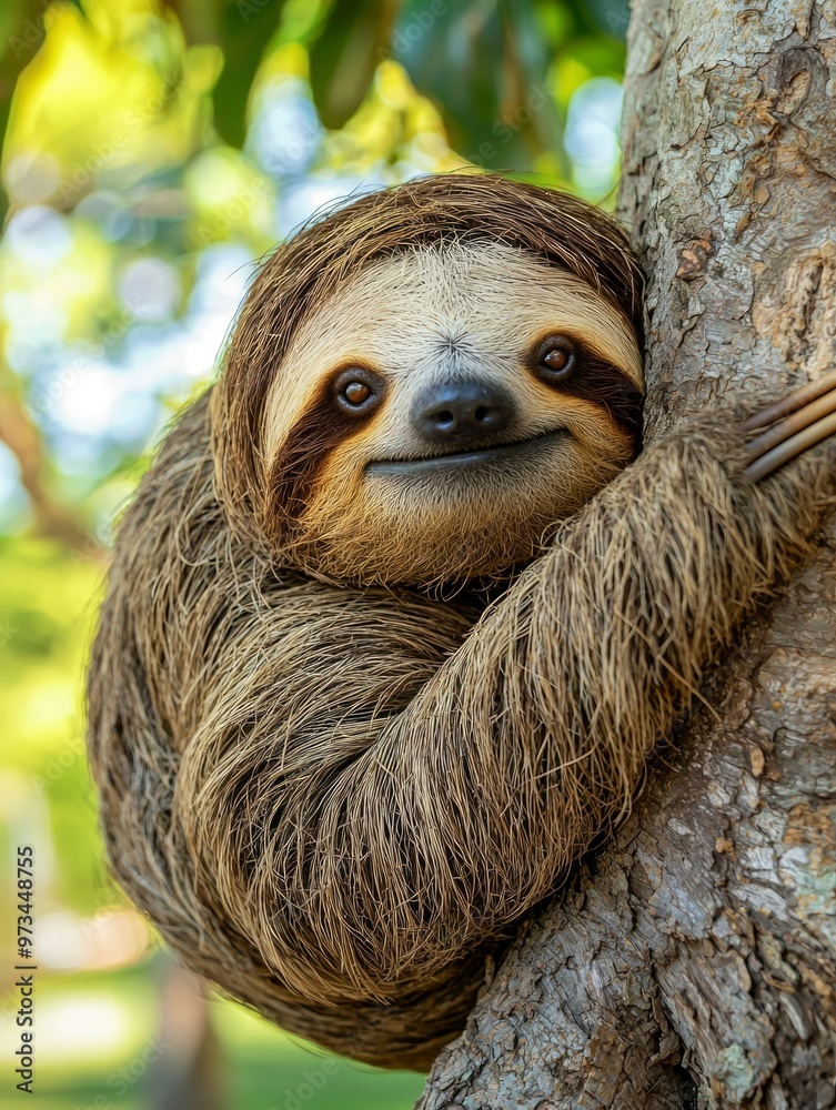 Naklejka premium A Sloth with a Gentle Expression, Clinging to a Tree Trunk