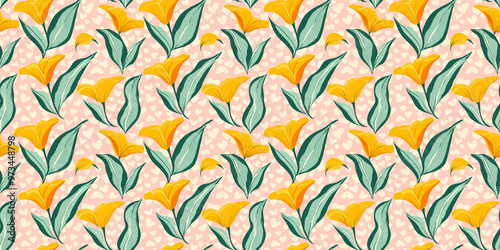 fun-loving, seamless pattern of bright yellow calalilies with mint green leaves on a blush pink heart-patterned background photo