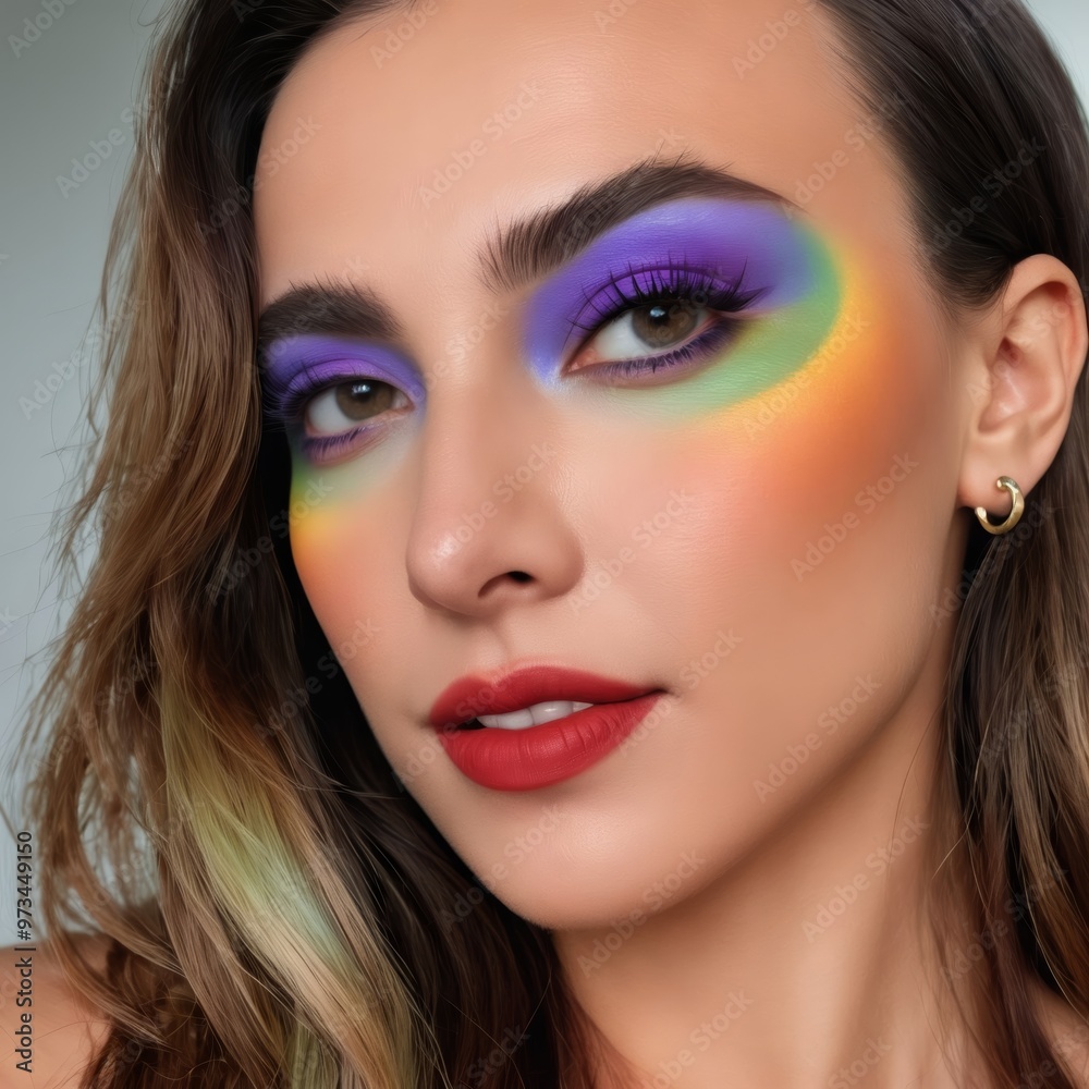 The photo of a 3D-rendered woman with rainbow-colored hair and makeup is making thumbs up The photo of a 3D-rendered woman with rainbow-colored hair and makeup is making thumbs up