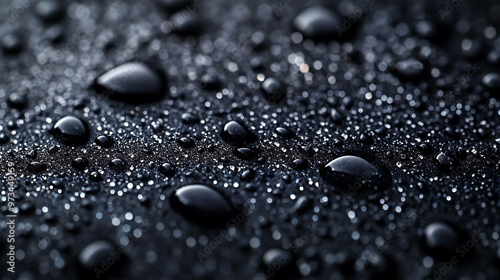 Water drops on a dark surface, close up photo of rain or dew Water drops on a dark surface, close up photo of rain or dew