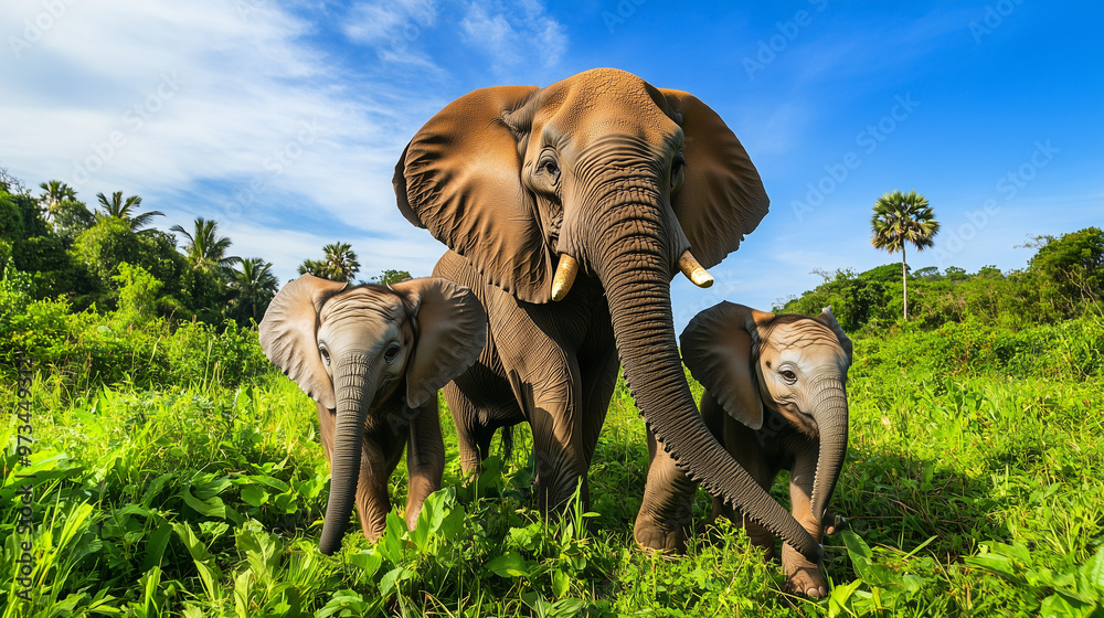 Fototapeta premium Elephant Family Grazing in Lush African Landscape