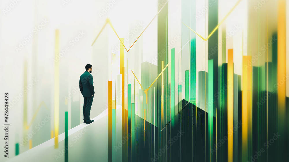 Abstract business man stands on the peak of success amid tall, innovative Smart city and graphs with statistics to analyze business potential and predict future developments in company growth. Abstract business man stands on the peak of success amid tall, innovative Smart city and graphs with statistics to analyze business potential and predict future developments in company growth.