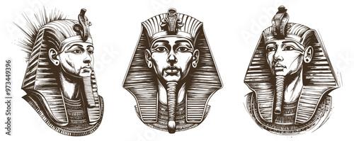 Pharaoh portraits sketches. Egypt pharaohs mask face tattoo sketch, egyptian civilisation king head profile vintage drawing logotype emblem history person vector illustration