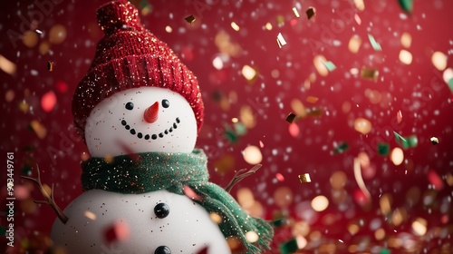 A traditional real snowman with a green scarf and a red hat on a red solid color background with flying red gold and green metallic confetti  photo