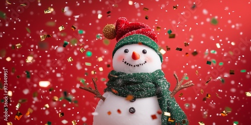 A traditional real snowman with a green scarf and a red hat on a red solid color background with flying red gold and green metallic confetti  photo