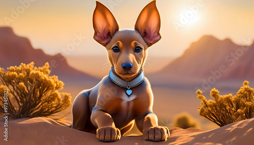 A small Pharaoh hound puppy brown dog is laying on a sandy desert landscape photo