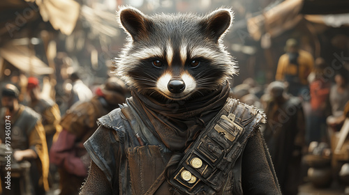 raccoon beastfolk rogue standing confidently in a market with a bandolier of coins across his chest and a determined gaze photo