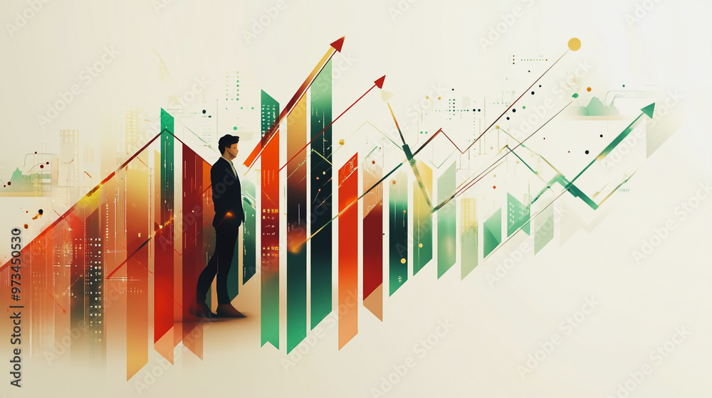 Abstract business man stands on the peak of success amid tall, innovative Smart city and graphs with statistics to analyze business potential and predict future developments in company growth.	