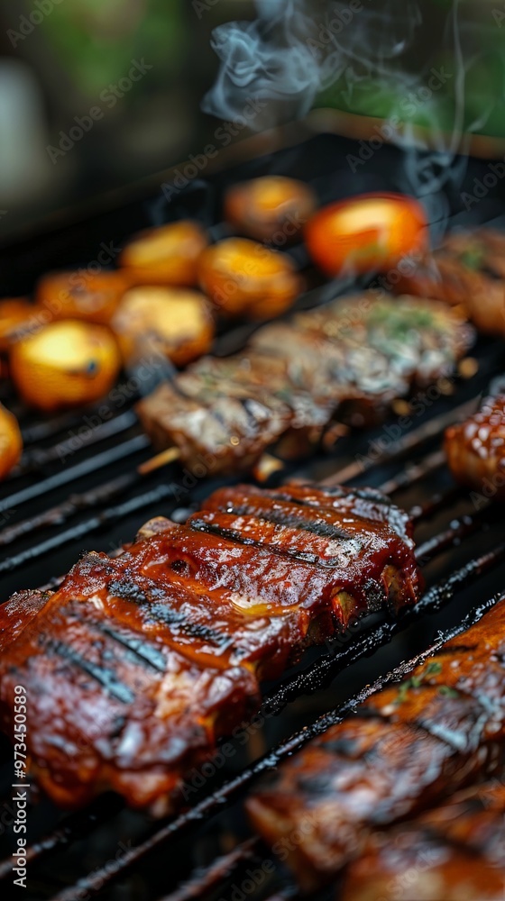 Close-up of BBQ ribs and vegetables grilling with smoke rising, highlighting the caramelized ribs and the smoky essence, perfect for a mouthwatering barbecue experience. Close-up of BBQ ribs and vegetables grilling with smoke rising, highlighting the caramelized ribs and the smoky essence, perfect for a mouthwatering barbecue experience.