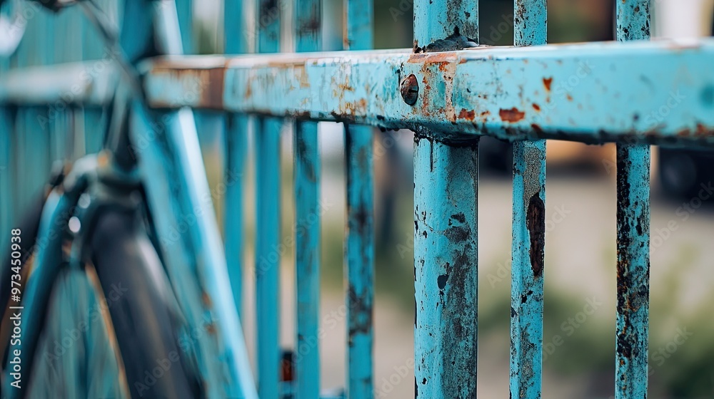 Rusty Blue Fence and Bicycle Close-Up