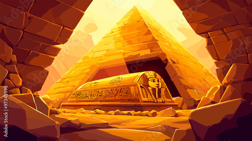 Pharaohs sarcophagus at pyramid. Archaeological excavations or egypt civilisation history concept, egyptian pharaoh tomb cartoon game background, archaeology vector illustration