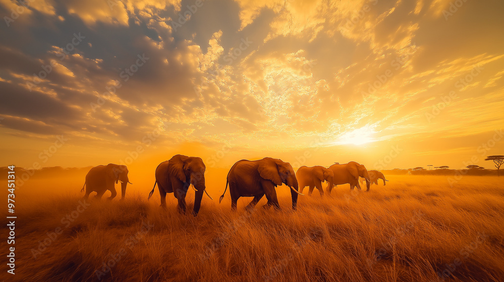 Fototapeta premium Elephants Walking Through Golden Grassland at Sunset