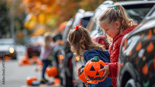 Trunk-or-Treat Event, families visiting cars decorated with Halloween themes in a parking lot, kids collecting candy from each car, Halloween, with copy space