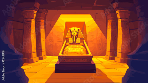 Pharaohs sarcophagus inside pyramid. Egyptian pharaoh tomb cartoon interior, gold statue grave in temple palace room egypt civilisation history archaeology game vector illustration