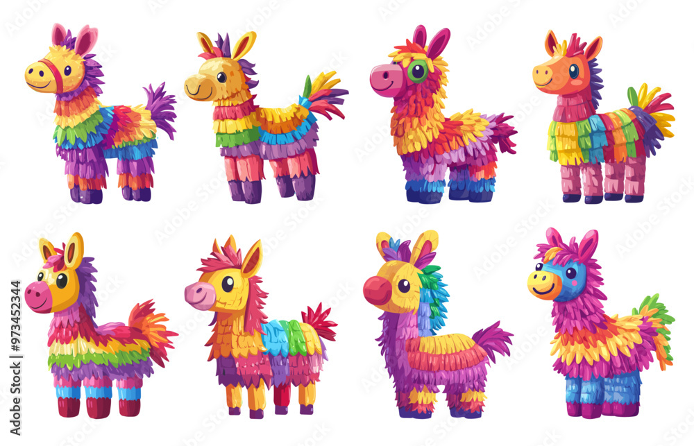 Obraz premium Pinatas. Mexican confetti candy donkey, children paper fun decoration holiday or birthday party, set vector illustration
