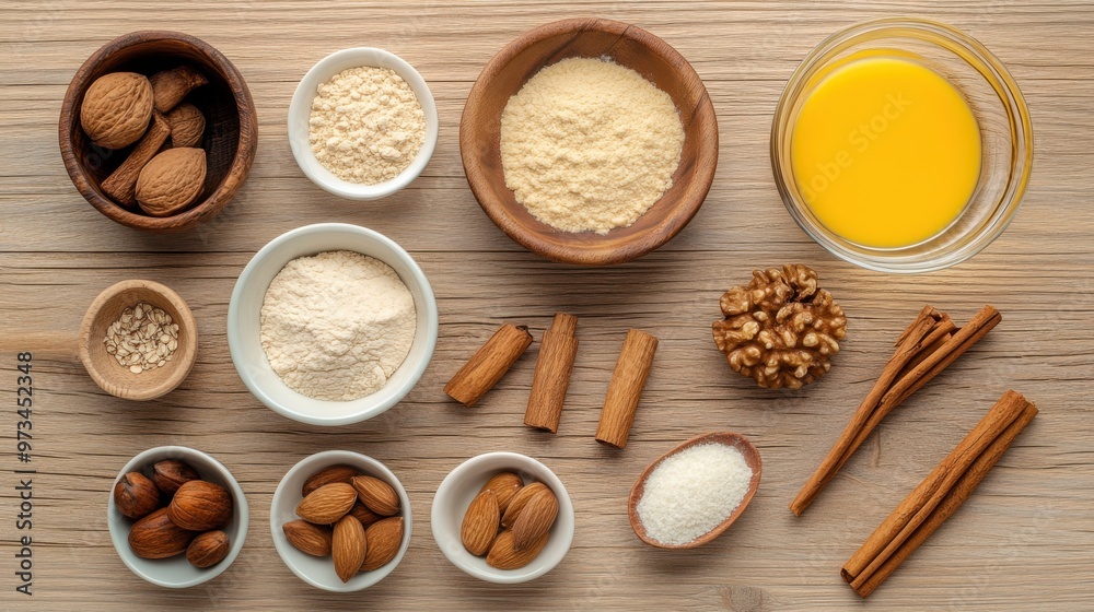 Assorted Baking Ingredients on Wooden Table Assorted Baking Ingredients on Wooden Table