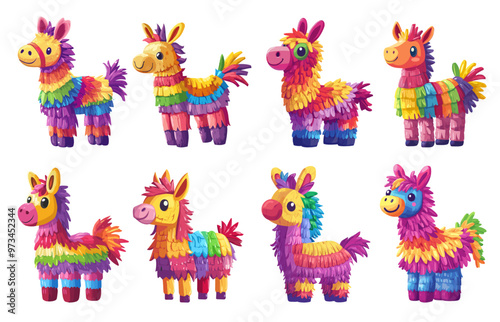 Pinatas. Mexican confetti candy donkey, children paper fun decoration holiday or birthday party, set vector illustration