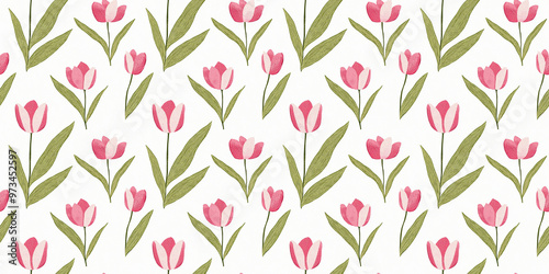 flat view, seamless pattern of simple and minimalistic natural embroidery designs featuring tulip flowers, each with three pink petals and a few leaves, repeating in a balanced arrangement