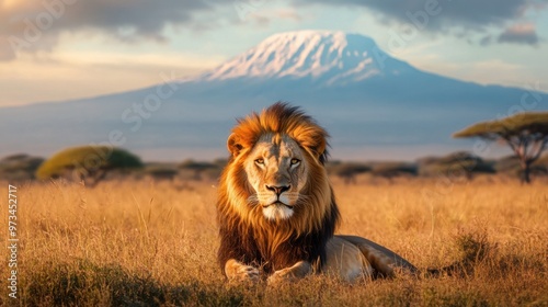 Majestic Lion in Serengeti with Kilimanjaro Background