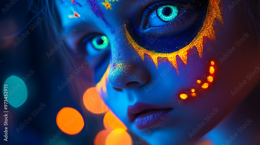 Fototapeta premium Child with Glow-in-the-Dark Face Paint and Halloween Lights