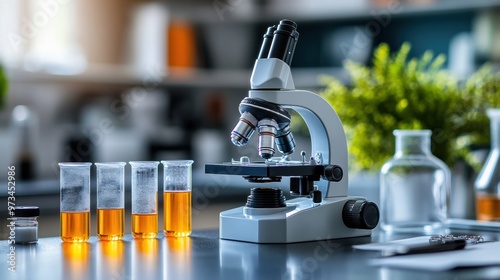 science lab equipment like microscope and test tubes on a table signifies hands-on learning, suitable for an educational concept banner photo