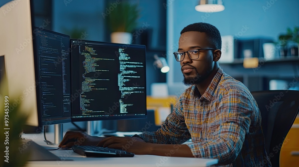 Young Programmer Analyzing Code on Dual Monitors Young Programmer Analyzing Code on Dual Monitors