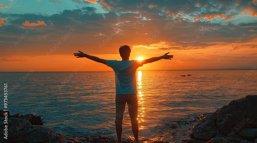 Fototapeta premium Embracing the Sunset: A Moment of Serenity by the Sea