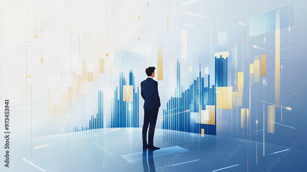 Abstract business man stands on the peak of success amid tall, innovative Smart city and graphs with statistics to analyze business potential and predict future developments in company growth. Abstract business man stands on the peak of success amid tall, innovative Smart city and graphs with statistics to analyze business potential and predict future developments in company growth.