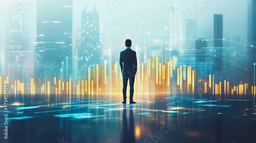 Abstract business man stands on the peak of success amid tall, innovative Smart city and graphs with statistics to analyze business potential and predict future developments in company growth. 