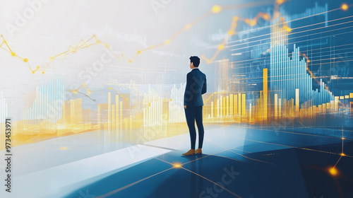 Abstract business man stands on the peak of success amid tall, innovative Smart city and graphs with statistics to analyze business potential and predict future developments in company growth. 