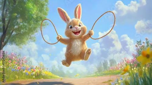 A cheerful cartoon bunny jumping rope in a sunny park, with a big smile and colorful flowers blooming around photo