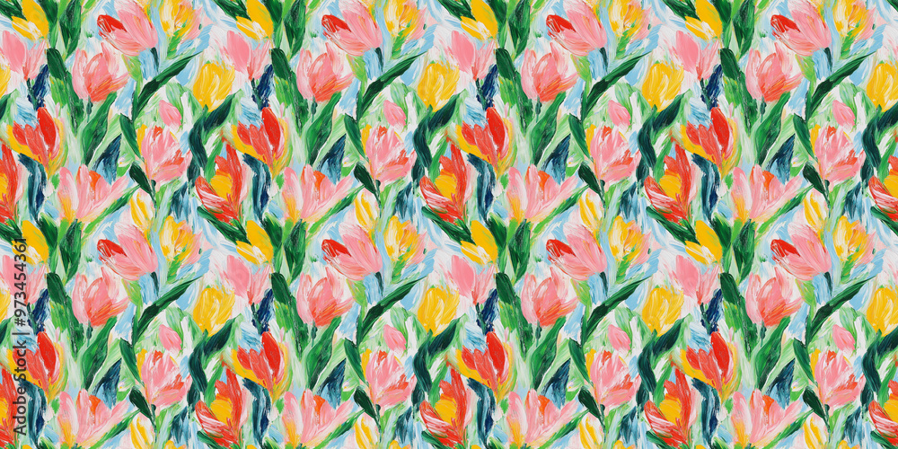 an impressionist painting pattern of tulips in a style reminiscent of fauvism or early modernism