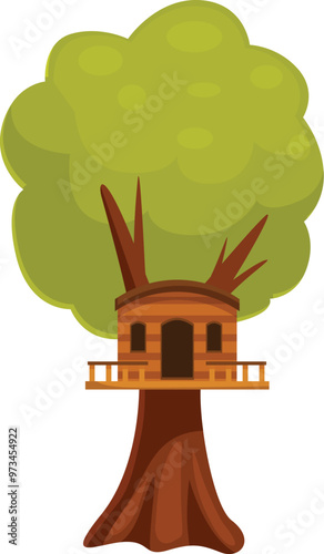 Cartoon vector illustration of a classic tree house with a balcony, built on a big strong tree
