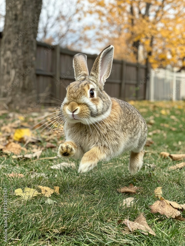 Fototapeta premium A Brown and White Rabbit Leaping Through Fall Leaves