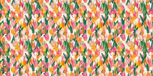 an abstract painting pattern of tulipsin various shades of pink, orange, and green on a white background photo