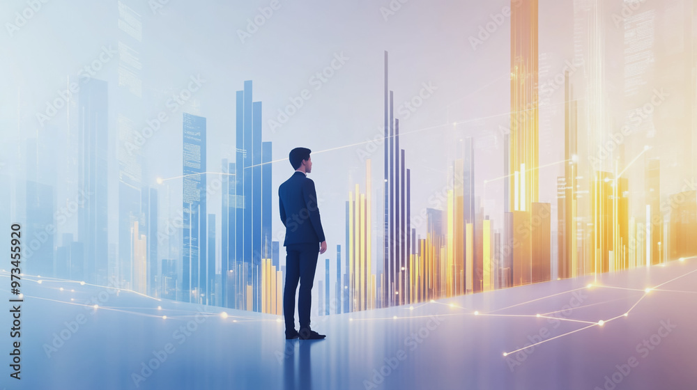 Abstract business man stands on the peak of success amid tall, innovative Smart city and graphs with statistics to analyze business potential and predict future developments in company growth. Abstract business man stands on the peak of success amid tall, innovative Smart city and graphs with statistics to analyze business potential and predict future developments in company growth.