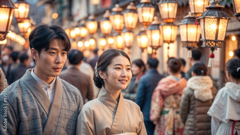 Couple in traditional attire smiling amid colorful lanterns during Chuseok festival celebration Couple in traditional attire smiling amid colorful lanterns during Chuseok festival celebration