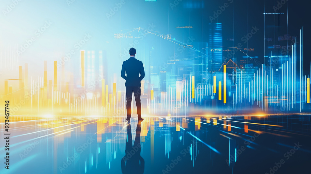 Abstract business man stands on the peak of success amid tall, innovative Smart city and graphs with statistics to analyze business potential and predict future developments in company growth. Abstract business man stands on the peak of success amid tall, innovative Smart city and graphs with statistics to analyze business potential and predict future developments in company growth.