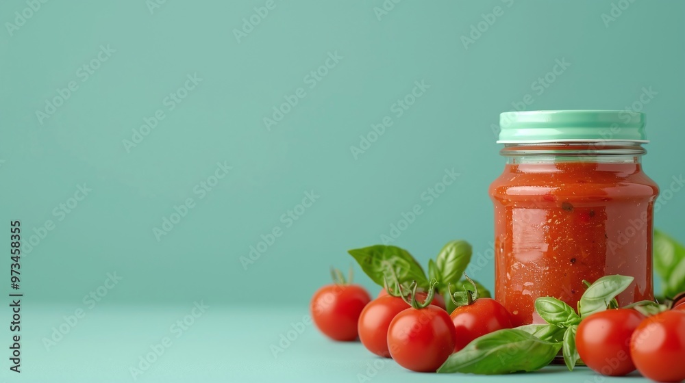 A medium shot of a jar of tomato basil sauce with fresh basil and tomatoes on a green background. Studio food photography. Design for Italian cuisine, pasta sauce, or recipe packaging.
A medium shot of a jar of tomato basil sauce with fresh basil and tomatoes on a green background. Studio food photography. Design for Italian cuisine, pasta sauce, or recipe packaging.