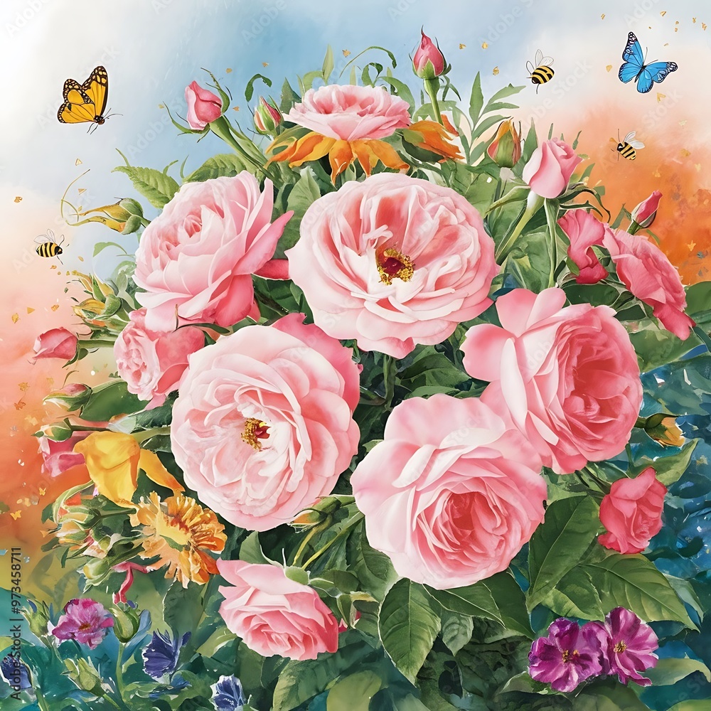 Greeting card with roses, watercolor, can be used as invitation card for wedding, birthday and other holiday and summer background Greeting card with roses, watercolor, can be used as invitation card for wedding, birthday and other holiday and summer background