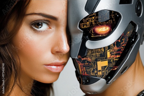 Brain chip artificial intelligence cortical implants thought process and cognitive computing woman’s face merged with robotic ai circuits in a conceptual cognitive tech design photo