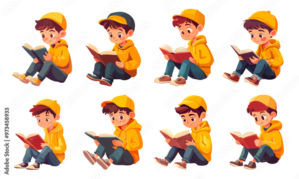 Reading boys. Cartoon school boy reading book learning child education, young character schoolboy read textbook set vector illustration Reading boys. Cartoon school boy reading book learning child education, young character schoolboy read textbook set vector illustration