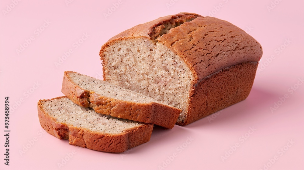 A loaf of banana bread with a slice cut out on a pink background. Studio food photography. Design for bakery, dessert, or breakfast poster.
A loaf of banana bread with a slice cut out on a pink background. Studio food photography. Design for bakery, dessert, or breakfast poster.