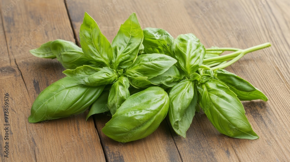 a bunch of basil leaves herb on a wooden surface a bunch of basil leaves herb on a wooden surface