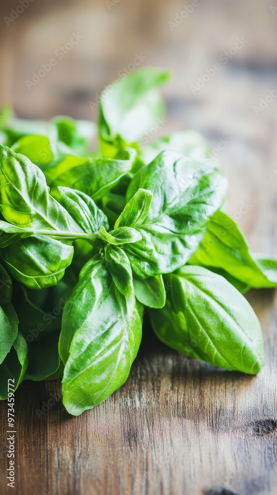 a bunch of basil leaves herb on a wooden surface a bunch of basil leaves herb on a wooden surface