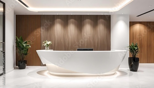 A modern, minimalist office reception counter with a curved, white stone or quartz surface and built-in lighting created with generative ai