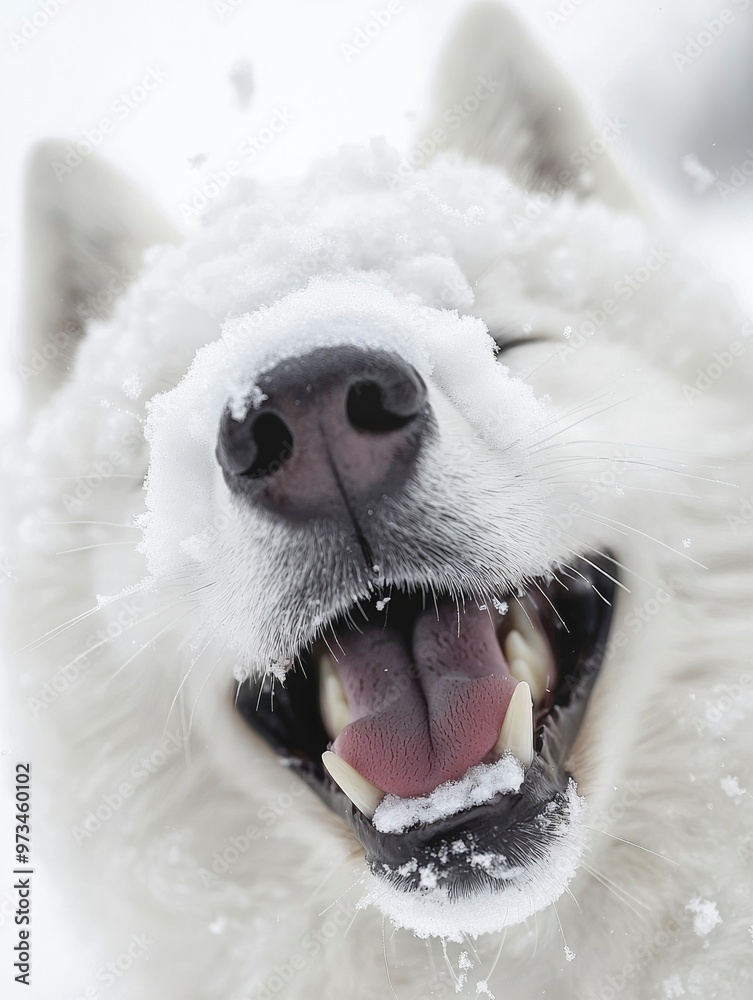 Close-Up of a White Dog's Mouth with Snow on its Nose Close-Up of a White Dog's Mouth with Snow on its Nose