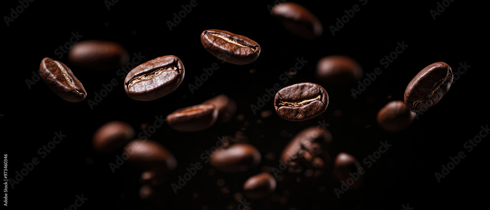 A close up of coffee beans in the air. The beans are scattered and some are falling to the ground. Scene is chaotic and disordered A close up of coffee beans in the air. The beans are scattered and some are falling to the ground. Scene is chaotic and disordered