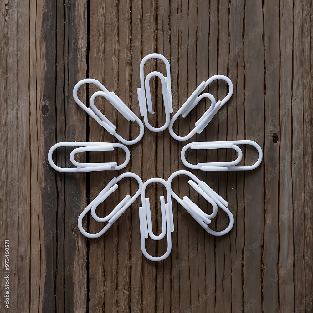 White paper clips and wood background White paper clips and wood background